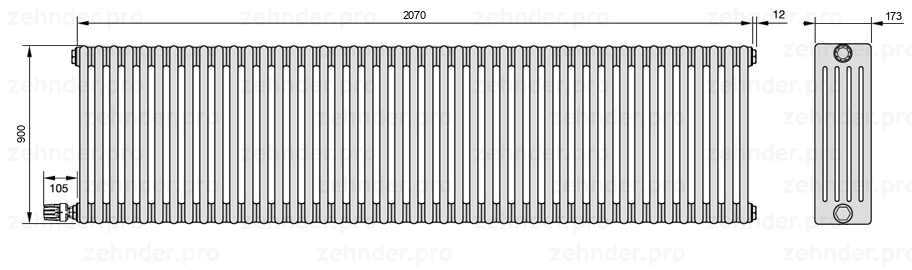 Схема (чертеж) Радиатор Zehnder Charleston 5090/45 №V004 Белый глянцевый RAL 9016